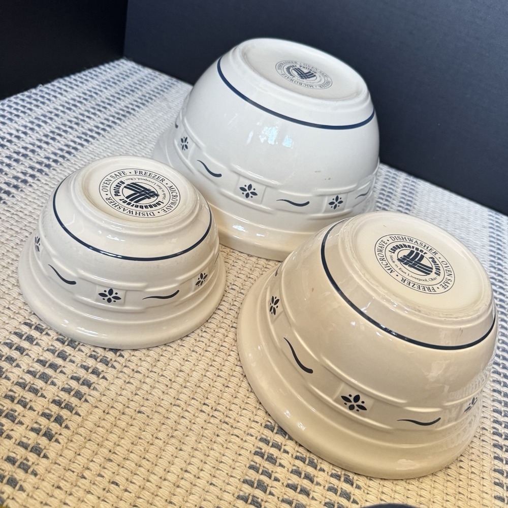 Longaberger Pottery Classic Blue Woven Traditions Nesting Mixing Bowls Set of 3